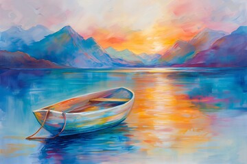 Emotional wallpaper of a small boat on a calm lake at dawn, mist rising from the water, Watercolor Painting. Generative AI - obrazy, fototapety, plakaty