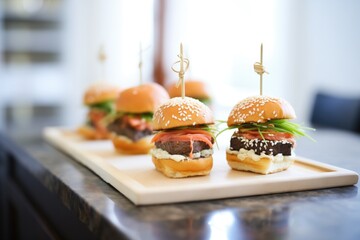trio of beef sliders on mini brioche buns with sesame seeds - obrazy, fototapety, plakaty