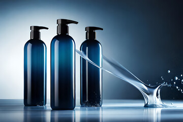 three blue cosmetics pump bottle , shampoo packaging - obrazy, fototapety, plakaty