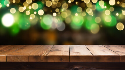 mpty wooden tabletop, against a blurred bar background with green bokeh lights, st. patrick's day