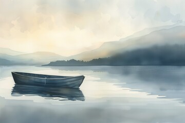 Emotional wallpaper of a small boat on a calm lake at dawn, mist rising from the water, Watercolor Painting. Generative AI