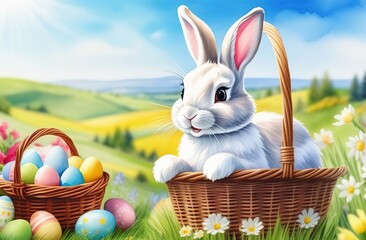 Illustration, A beautiful Easter bunny, a fluffy baby rabbit with a basket full of colorful Easter eggs, against the background of a green garden nature.