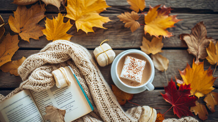 Flat lay of a cozy autumn-themed arrangement with a knitted sweater a book a cup of hot cocoa and colorful fall leaves.