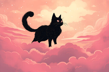 Black cat in the pink clouds