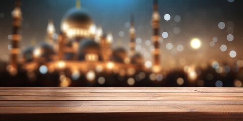 wooden table on a blurred background with a mosque and bokeh lights, Ramadan Kareem