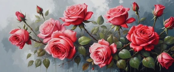 Behang Red Roses Drawn with Oil Painting Background Wallpaper © varol