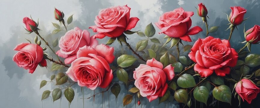 Red Roses Drawn with Oil Painting Background Wallpaper