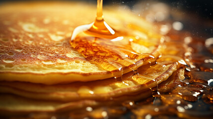 close-up golden pancake on a frying pan - obrazy, fototapety, plakaty
