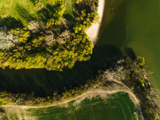 Top view of river delta with lake shore, surrounded by forest with sand coastline, beach.