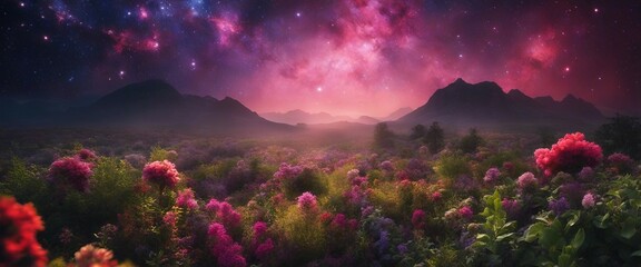 A Mystical Nebula Garden, A surreal landscape where colorful nebulae form the backdrop of a lush