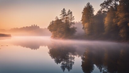 Fototapeta na wymiar A Serene River Cutting Through a Misty Forest at Dawn, the water reflecting the pastel colors 
