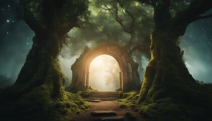 A Mystical Portal in an Ancient Forest, Opening to a Starry Universe, the portal framed by ancient