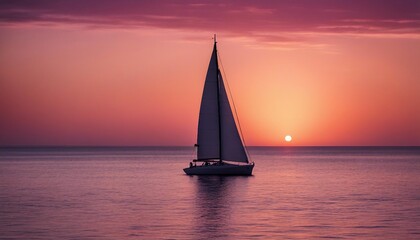 A Solitary Sailboat on a Calm Sea as Twilight Approaches, the sails bathed in the soft glow