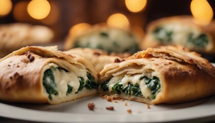 Calzone Farcito, a folded pizza filled with ricotta, spinach, and sausage, cut open to reveal - obrazy, fototapety, plakaty