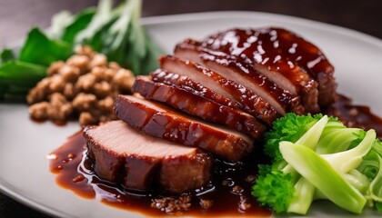 Char Siu Pork, barbecued pork with a glossy, red-hued glaze, sliced and served with steamed bok - obrazy, fototapety, plakaty