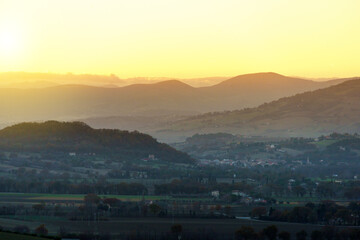 sunny panoramic evening morning view over valleys and distant horizons