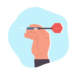Man hand holds dart for playing darts. Boy ready to throw arrow. Hobby and leisure time sport equipment. Achievement goals metaphor, plying game in bar or pub. Cartoon flat vector concept