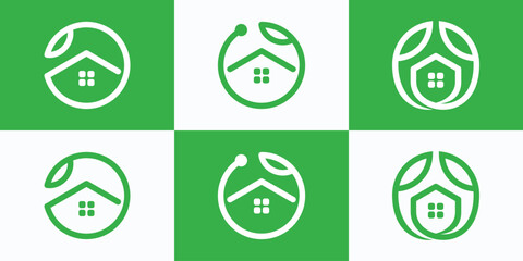 Collection of green house vector logo designs with circular leaves