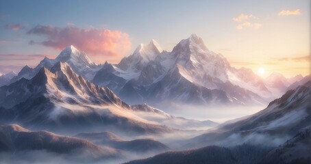 A scene of refined mountain peaks bathed in the gentle light of sunrise, evoking a sense of refined tranquility - Generative AI