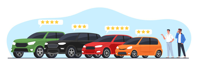 Man chooses rental car with star ratings. Salon manager and customer auto dealership. Male character buying vehicle. Different types of automobile. Cartoon flat isolated vector concept