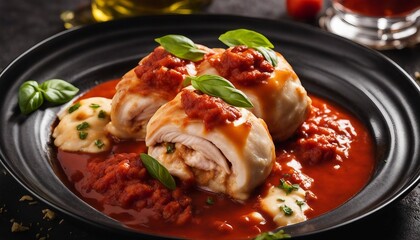 Involtini di Pollo, rolled chicken stuffed with mozzarella and basil, smothered in a marinara sauce