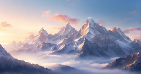 A scene of refined mountain peaks bathed in the gentle light of sunrise, evoking a sense of refined tranquility - Generative AI