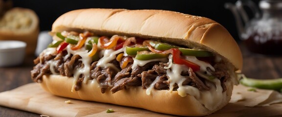 Philly Cheesesteak, thinly sliced beefsteak and melted cheese on a long hoagie roll, often topped - obrazy, fototapety, plakaty
