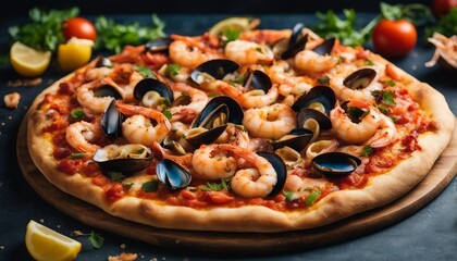 Pizza ai Frutti di Mare, a seafood pizza topped with shrimp, mussels, and squid, the colors