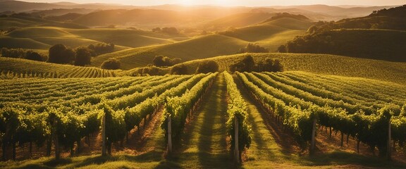 Rolling Vineyards at Golden Hour, the vines heavy with grapes as the setting sun casts a warm