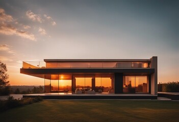 Sunset View of a Flat-Roofed Modern House, the orange hues of the sky reflecting off large glass