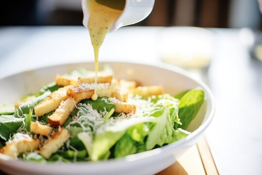 close-up of caesar dressing drizzle on romaine lettuce