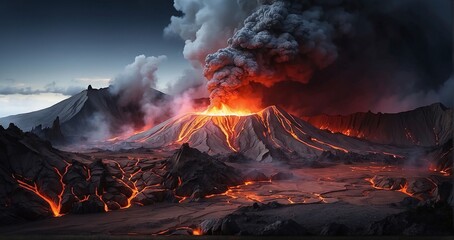 A scene of a volcanic island erupting, with fiery lava cascading down the slopes into the surrounding ocean, creating steam and turbulent waves - Generative AI