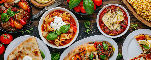 Assortment of traditional Italian dishes. Italian food - obrazy, fototapety, plakaty