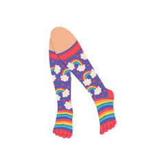 Knee socks with colorful rainbow pattern, flat vector illustration isolated.