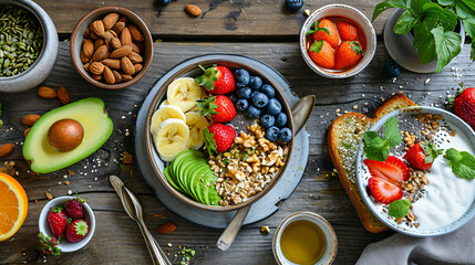 Fototapeta na wymiar Flat lay of a healthy breakfast spread featuring avocado toast a smoothie bowl fresh fruits and nuts on a wooden table.