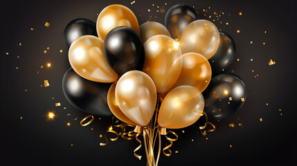 bunch of realistic transparent golden balloons and golden glitter on dark background