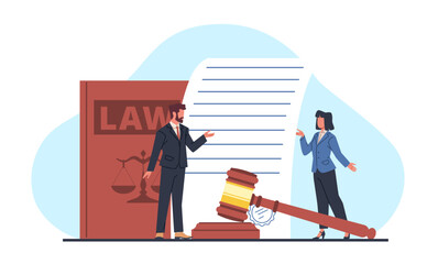 Concept of legal document execution, attorney files with court. Notary and lawyer in court. Jurisprudence and legislation. Huge law book and people. Deal agreement isolated vector illustration