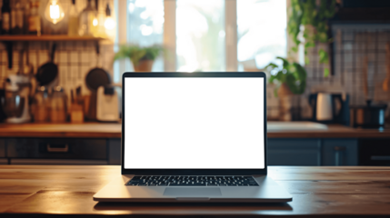 Laptop with blank display on a kitchen counter. Mockup image.