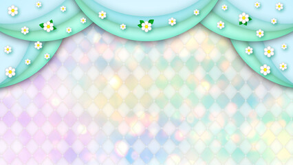 白い花とカーテン緑　薄い虹色のグラデーションダイヤモンド柄　レトロ