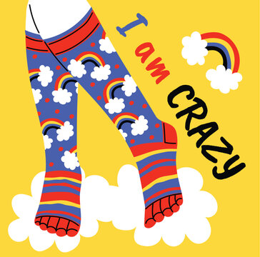 Legs in funny socks on bright yellow background, vector illustration.