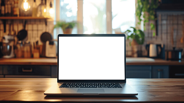 Laptop With Blank Display On A Kitchen Counter. Mockup Image.