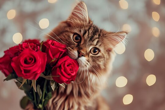 Valentine's Day Concept with Adorable Cat Holding Roses
