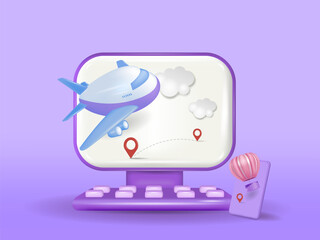 A minimalistic cartoon airplane. The concept of travel, 
tourism, vacation planning by plane. Booking tickets 
and passenger service. 3d vector illustration.