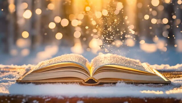 Open book with magical sparks on a snowy surface. Hardcover book with glowing pages in a wintry scene.