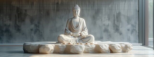 Un bouddha blanc magnifique posé sur un socle en intérieur. A magnificent white Buddha placed on an indoor base.