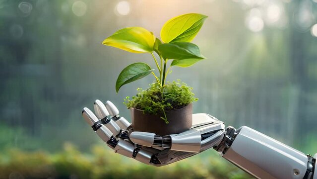 Robot arm holding a small potted plant. Mechanical hand with a green sprout against a blurred backdrop.