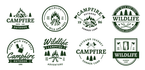 Campfire black emblems. Adventure design labels, burning firewood and woodpiles, axes and bonfires, hiking elements for prints, outdoor activities sticker. Traveling in forest tidy vector set - obrazy, fototapety, plakaty