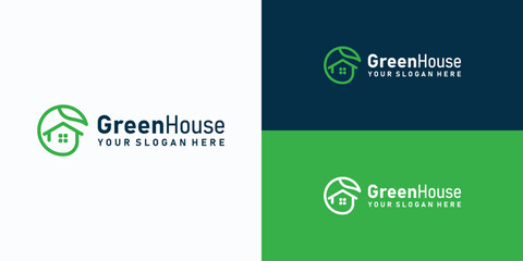 Green house vector logo design with circular leaf outline