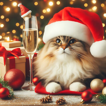 Capture the festive spirit with this enchanting image featuring a fluffy cat adorned in a Santa Claus hat, holding a glass of champagne, and accompanied by a Christmas ball. Set against a festive back