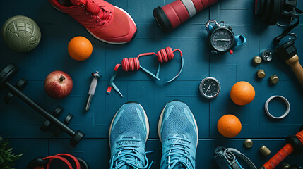 Fitness motivation flat lay. - obrazy, fototapety, plakaty